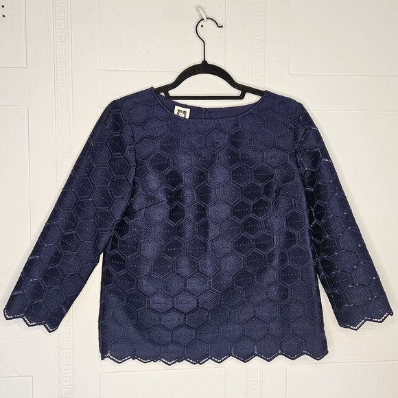 Anne Klein Navy Hexagon Pattern Embroidered Top Round Neck Long Sleeve Sz 2 NWT - Picture 1 of 16